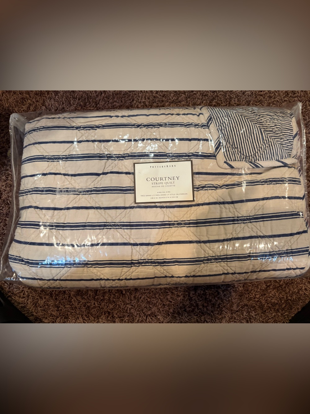 Pottery Barn Navy and Cream Striped Reversible King Size Quilt - Picture 2 of 3